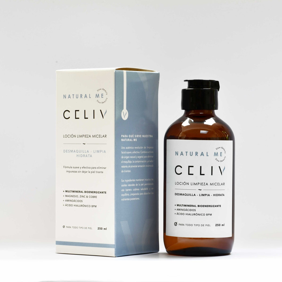 Agua Micelar Natural Me CELIV para limpiar, desmaquillar e hidratar la piel.
